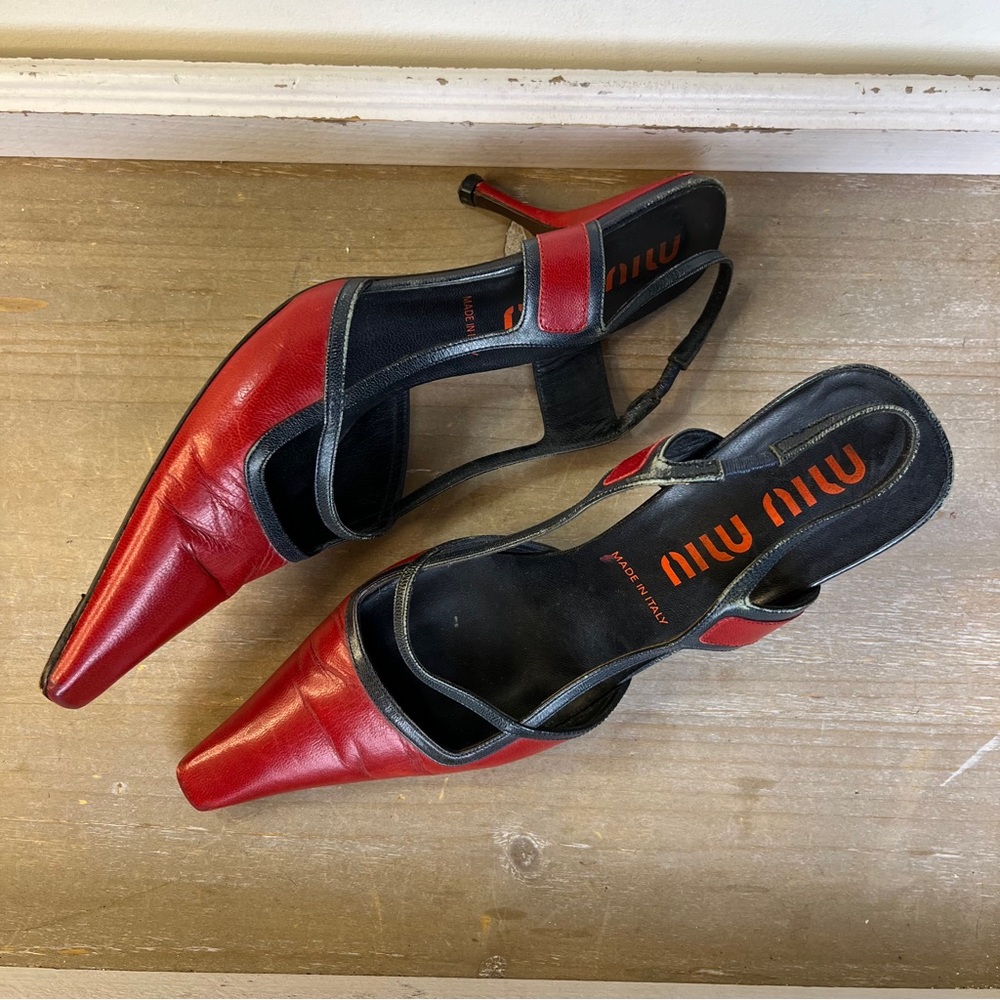Miu Miu Red Leather Slingback Heels Square Toe Italy 38 Y2K Prada Grunge Punk - Picture 12 of 15